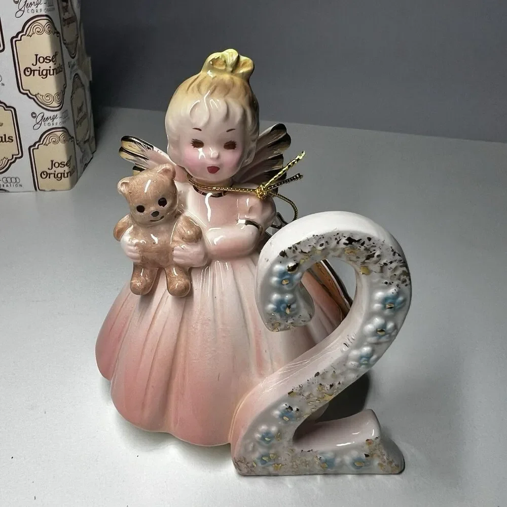 Vintage Josef Originals Birthday Girl Angel Age 2 Teddy Bear Figurine Box Tag